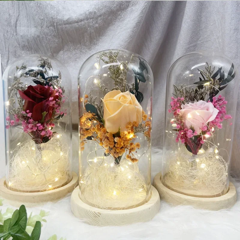 2024 Romance Artificiales Flower In Glass Dome Beauty And Beast Rose Battery Birthday Valentine's Day Present Gift Eternal Rose