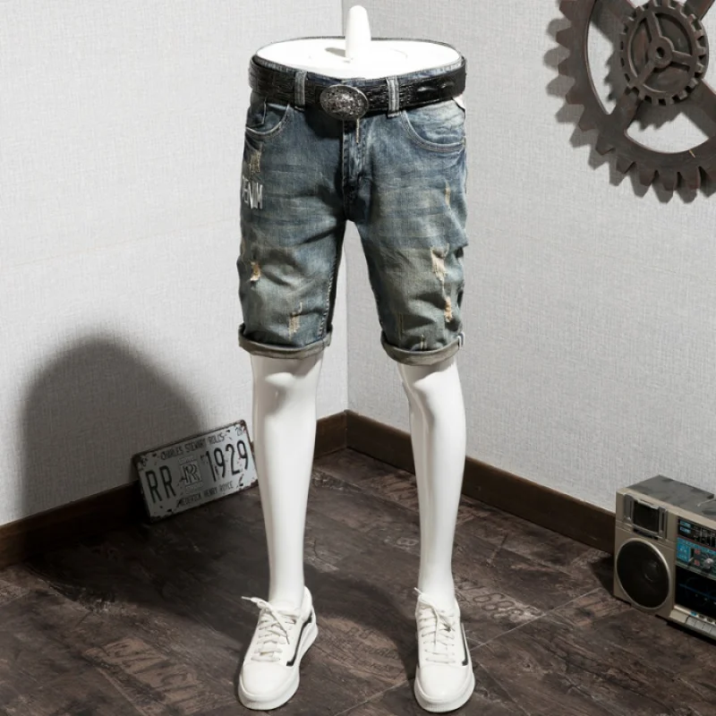 Summer Fifth Jeans Men's Printing Stylish Straight Slim Fit Street Trend RetroinsFashion Holes Men's Shorts