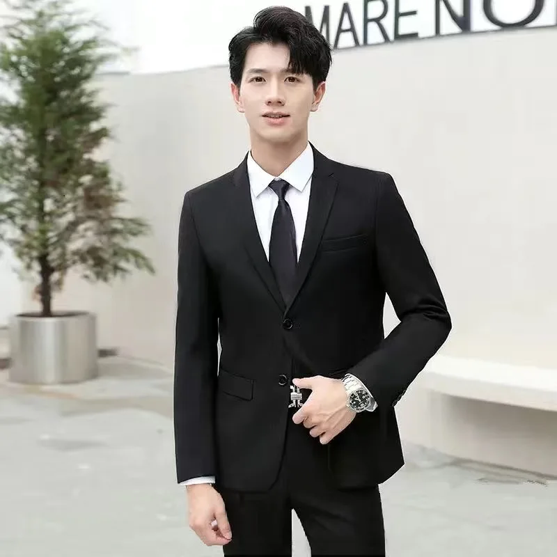 two-button jackets men's suits  formal business suits professional casual Korean style slim fit versatile black