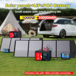 1000W Foldable Solar Panel 12V Charging 10000mAh Lithium Iron Phosphate Battery Suitable for Outdoor Camping, Car Charging