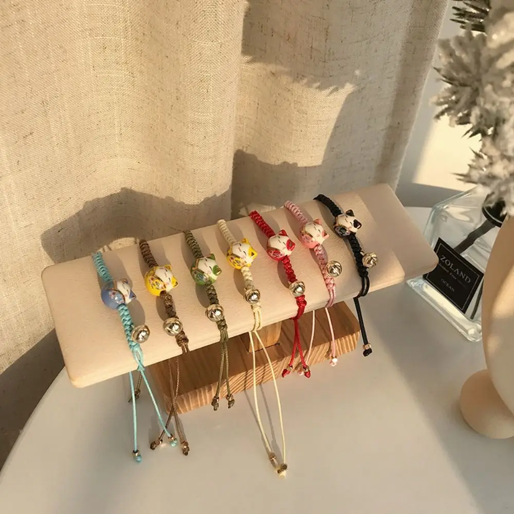 

Lovers Bell Gifts Ceramic Cat Pendant Handmade Chinese Style Jewelry Women Hand Ring Maneki Neko Bracelet Red Braided Rope