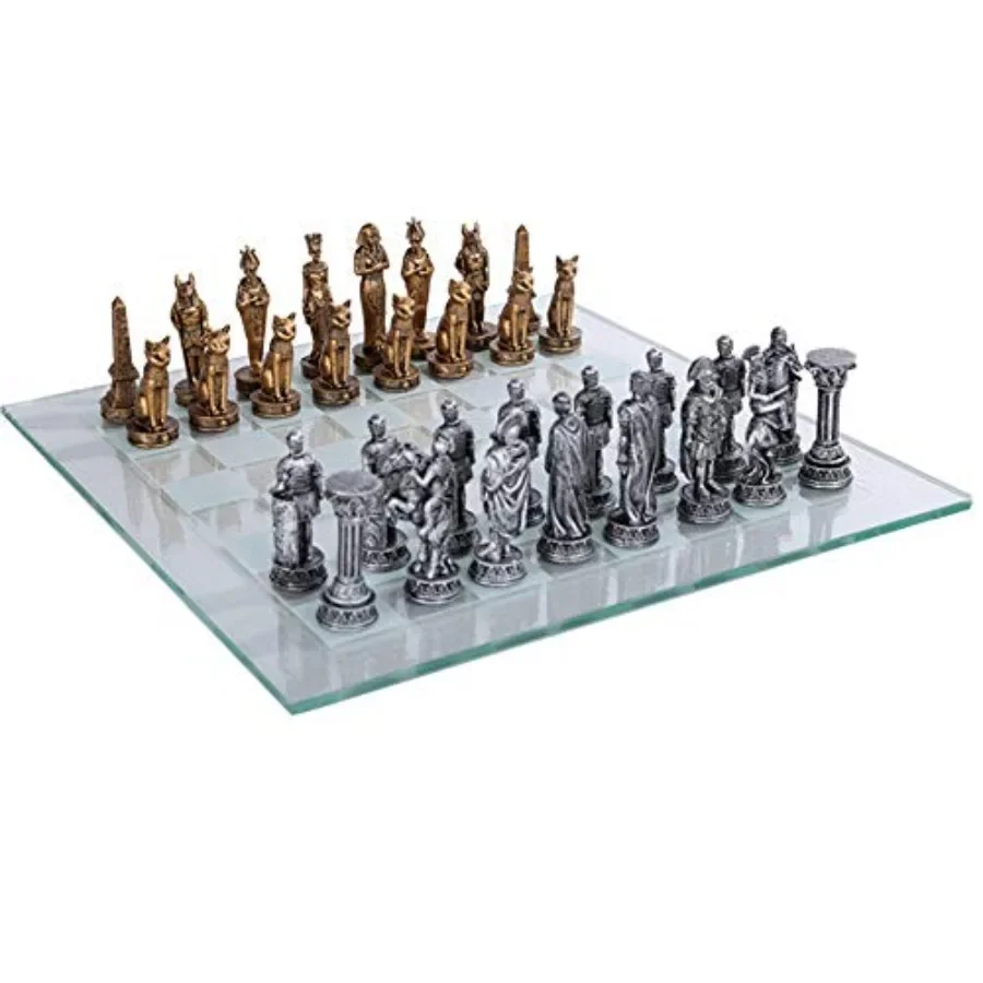 

Romans Vs Egyptians Chess Set with Glass Board Set: Historical Theme, Resin Figures, Gold Blue, Hand-Painted Details