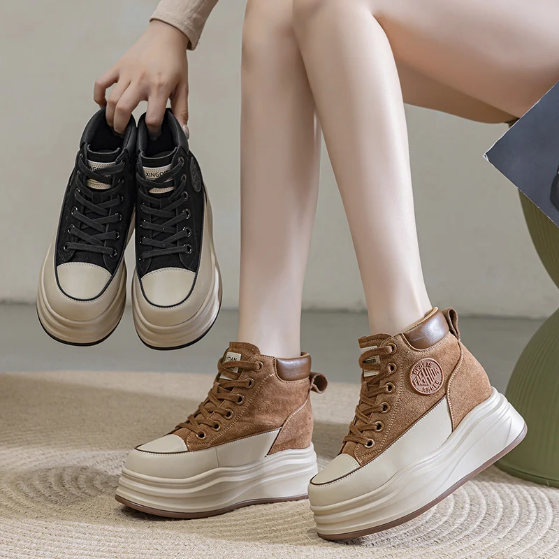 8 سنتيمتر منصة أحذية رياضية للنساء عالية أعلى أحذية إسفين كعب حذاء من الجلد النساء حذاء كاجوال أحذية رياضية سوداء أحذية مشي