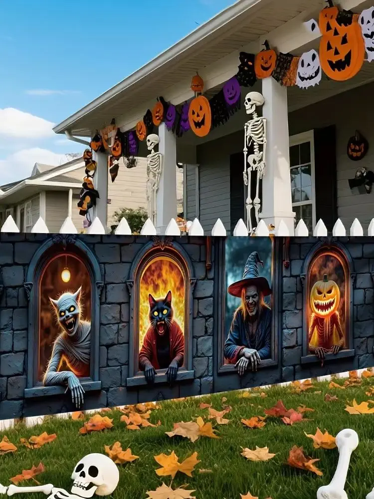 Halloween Horror Steinfenster-Zaunbanner, Skelett-Hexe Schwarze Katze Werwolf Kürbis Lange Hängeflagge Garten Außendekoration
