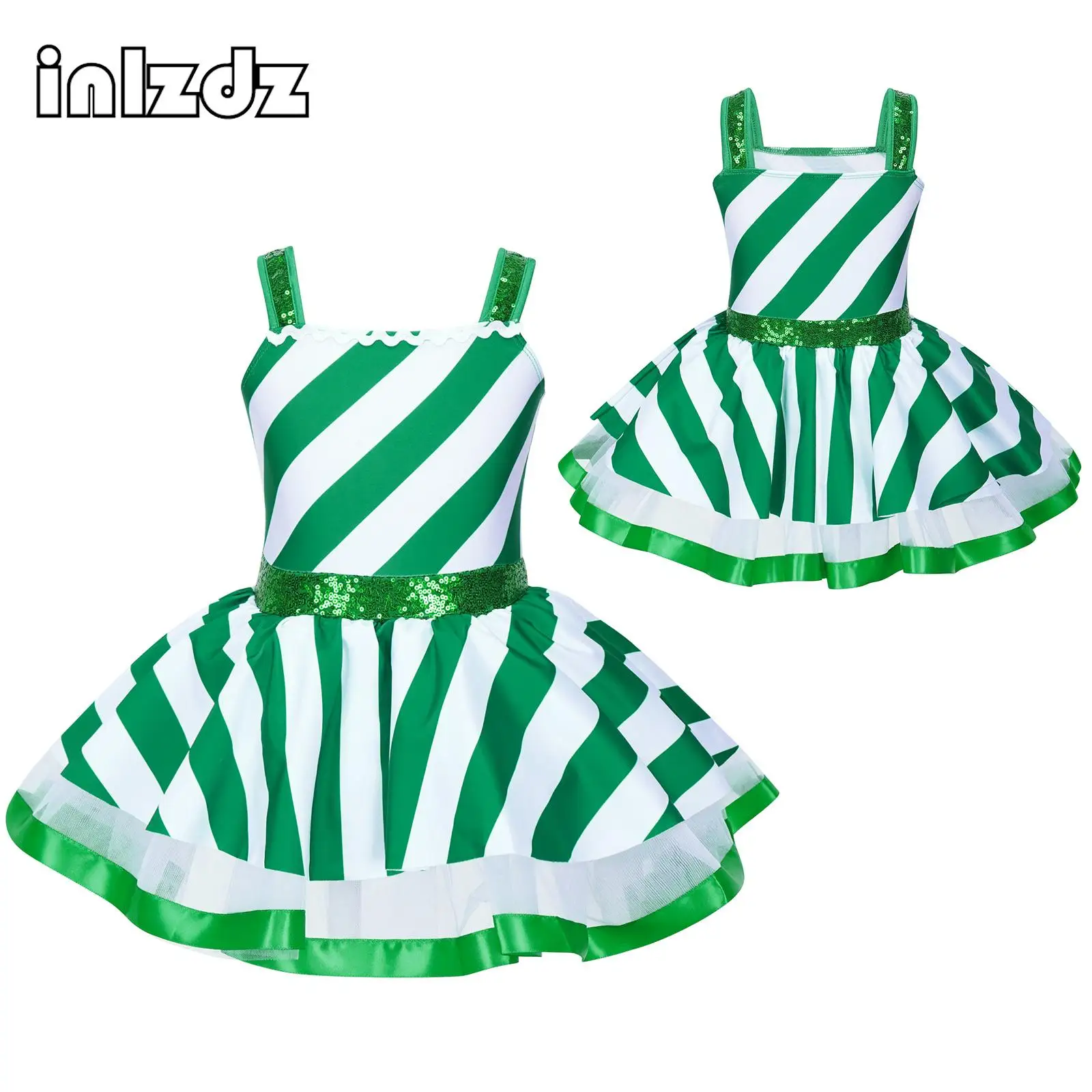 

Kids Christmas Dress Sequins Striped Figure Ice Skating Dance Costume Girls Cute Beauty Leotard Dress Candy Cane Cosplay Costume