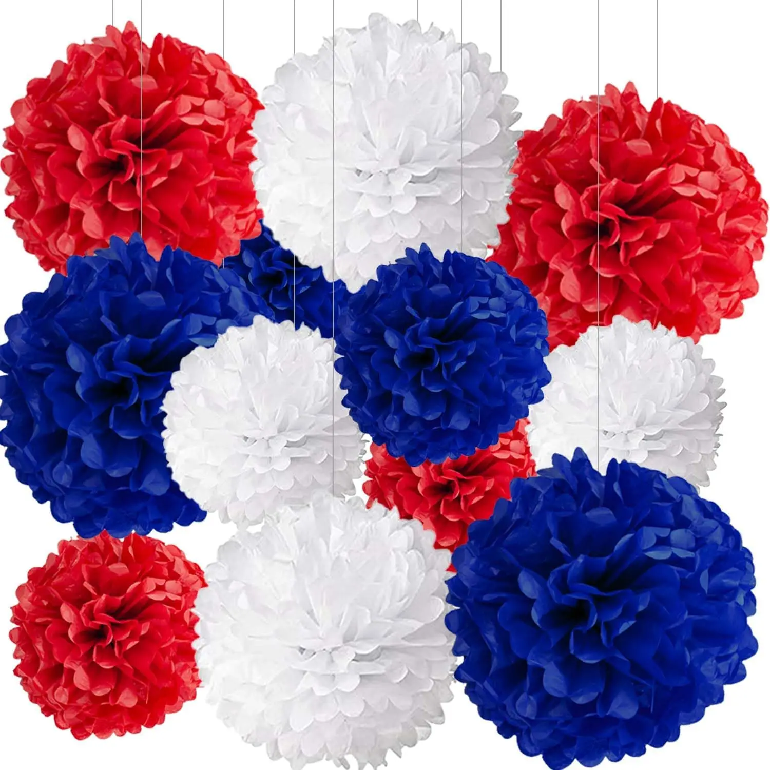 12pcs Red White and Blue Tissue Paper Pom Pom Decoration Set DIY Easy Assembly Hanging Paper Flower Pom Pom