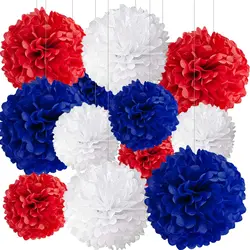 12pcs Red White and Blue Tissue Paper Pom Pom Decoration Set DIY Easy Assembly Hanging Paper Flower Pom Pom