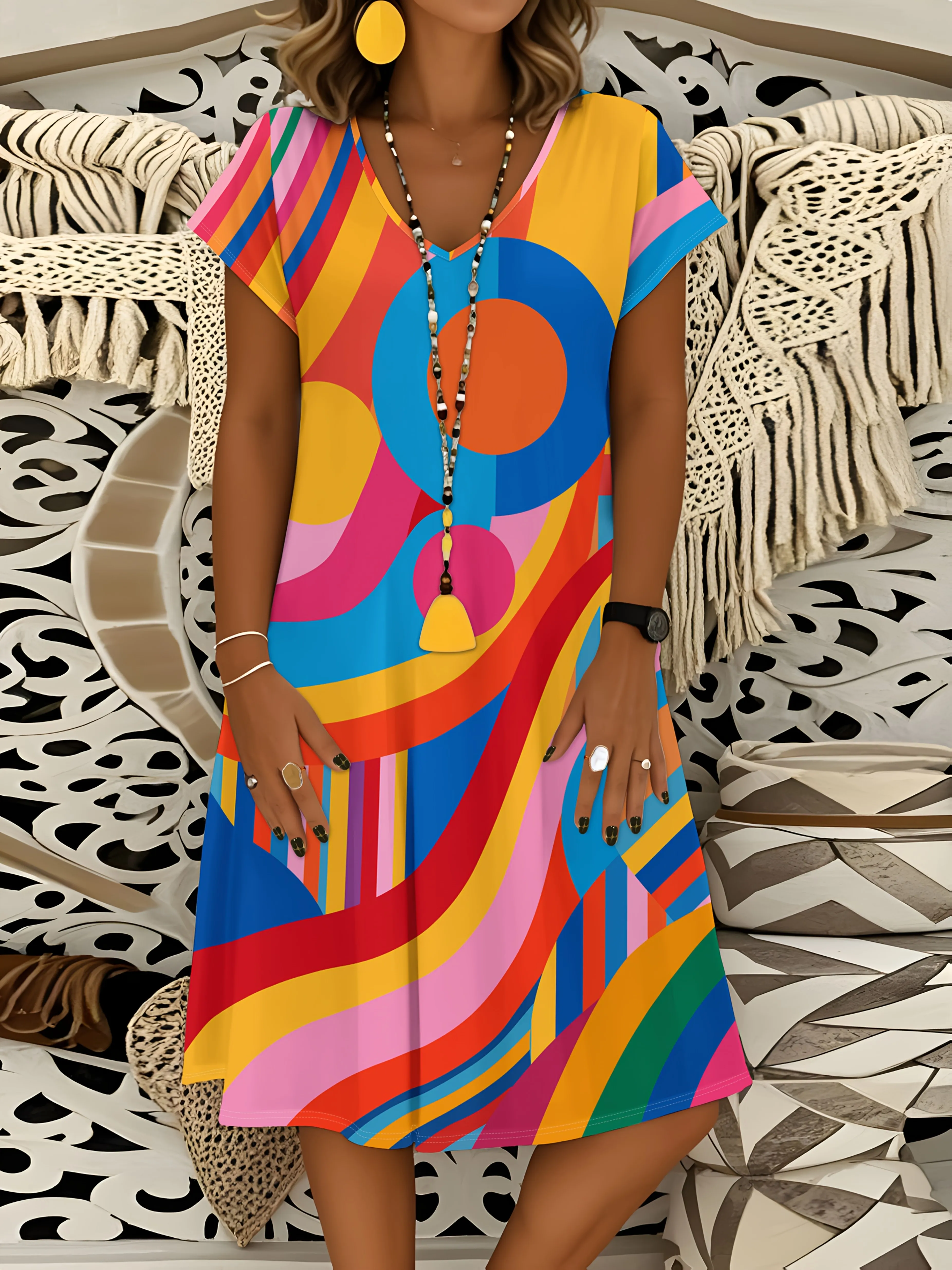 Damen-Kleid mit kurzen Ärmeln und V-Ausschnitt, Urlaubsstil, abstrakter geometrischer Druck, Sommer, lässig, A-Linie, Midikleid für Strandreisen