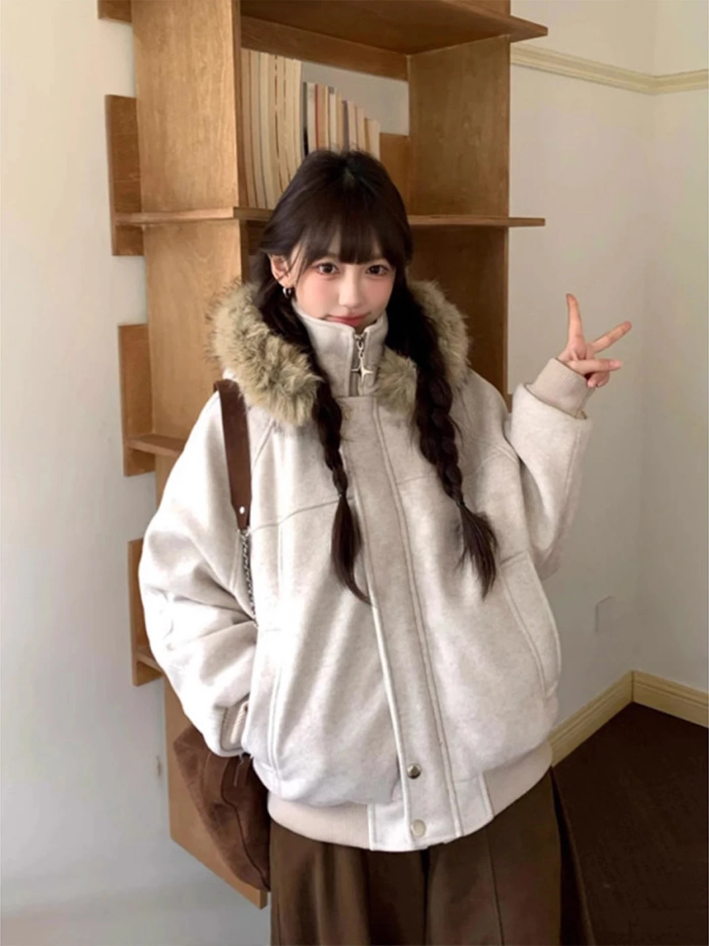 

Retro American Woolen Hooded Cotton Jacket Men's Winter Thick Warm Fur Collar Splicing Casual Cotton Coat for Couples