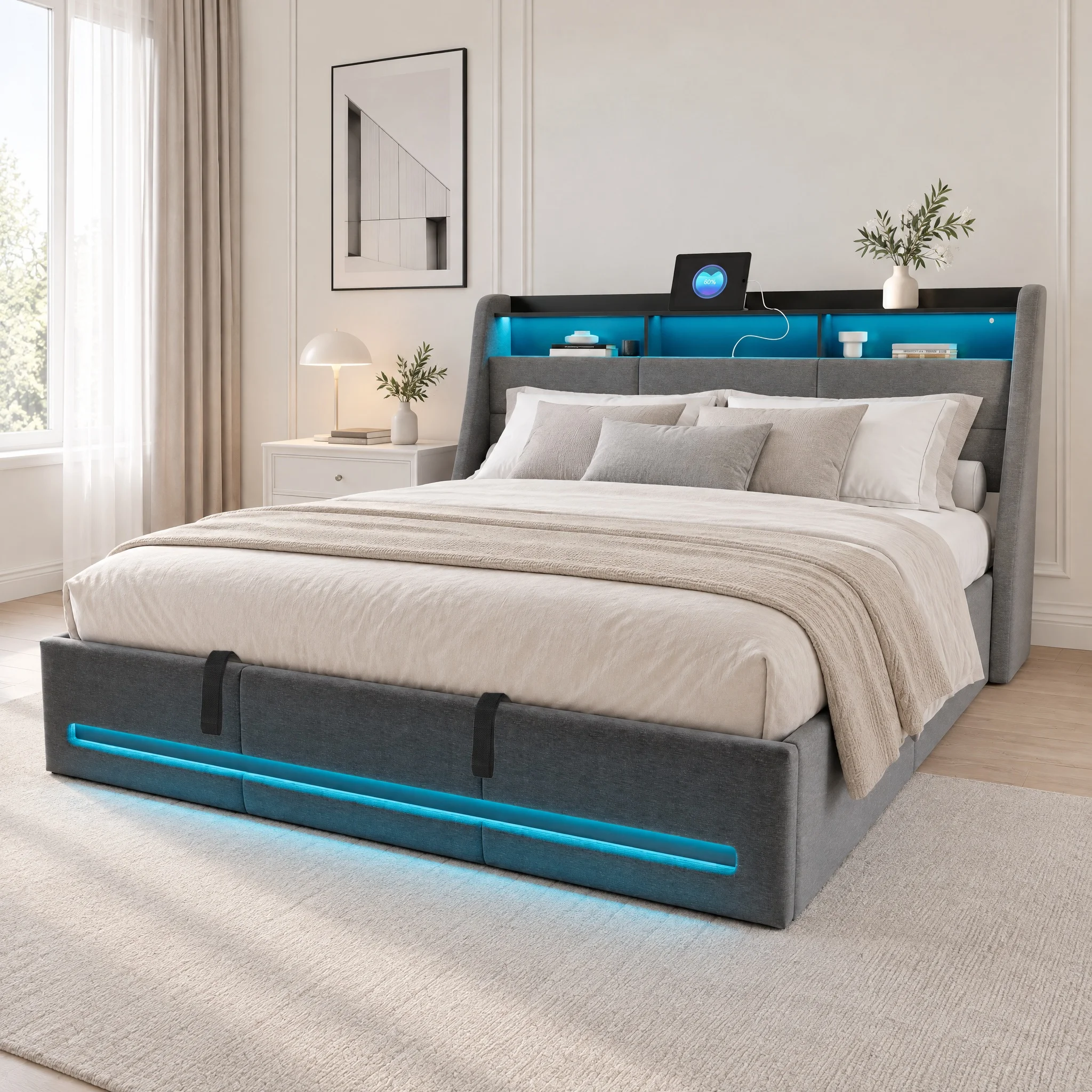 Telaio letto imbottito Anajqaqia 160x200 cm, letto matrimoniale con contenitore a sollevamento a gas, tessuto in lino, grigio, materasso non incluso