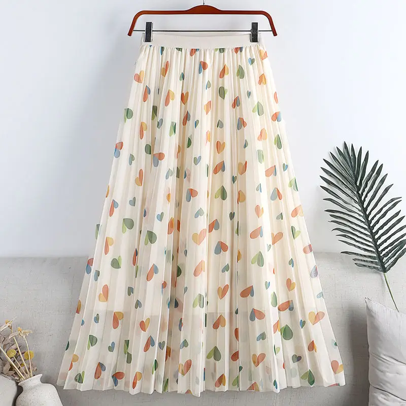 Women Love Print Pleated Fairy Sweet Chic Tulle Midi Skirt 2023 Summer Fashion Elegant Mesh High Waist Beach A Line Skirts Jupe