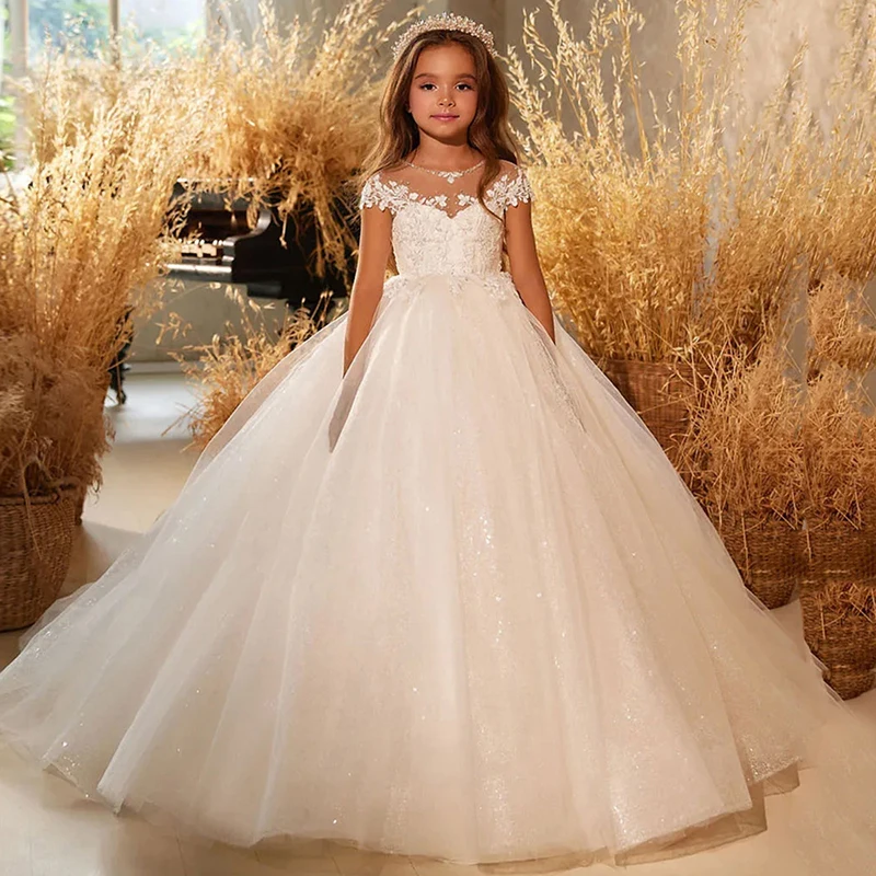 

Gorgeous White Lace Applique Ball Gown for Wedding Flower Girl Dress Sequins Tulle A-line Puffy Evening Dress Long Train