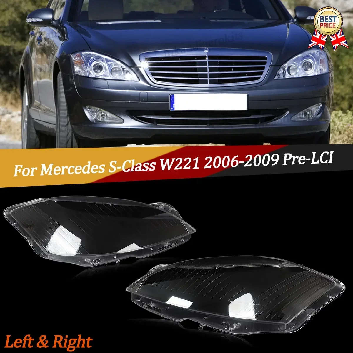 For Mercedes S-Class W221 2006-2009 A Pair Headlight Lens Clear Cover S500 S550