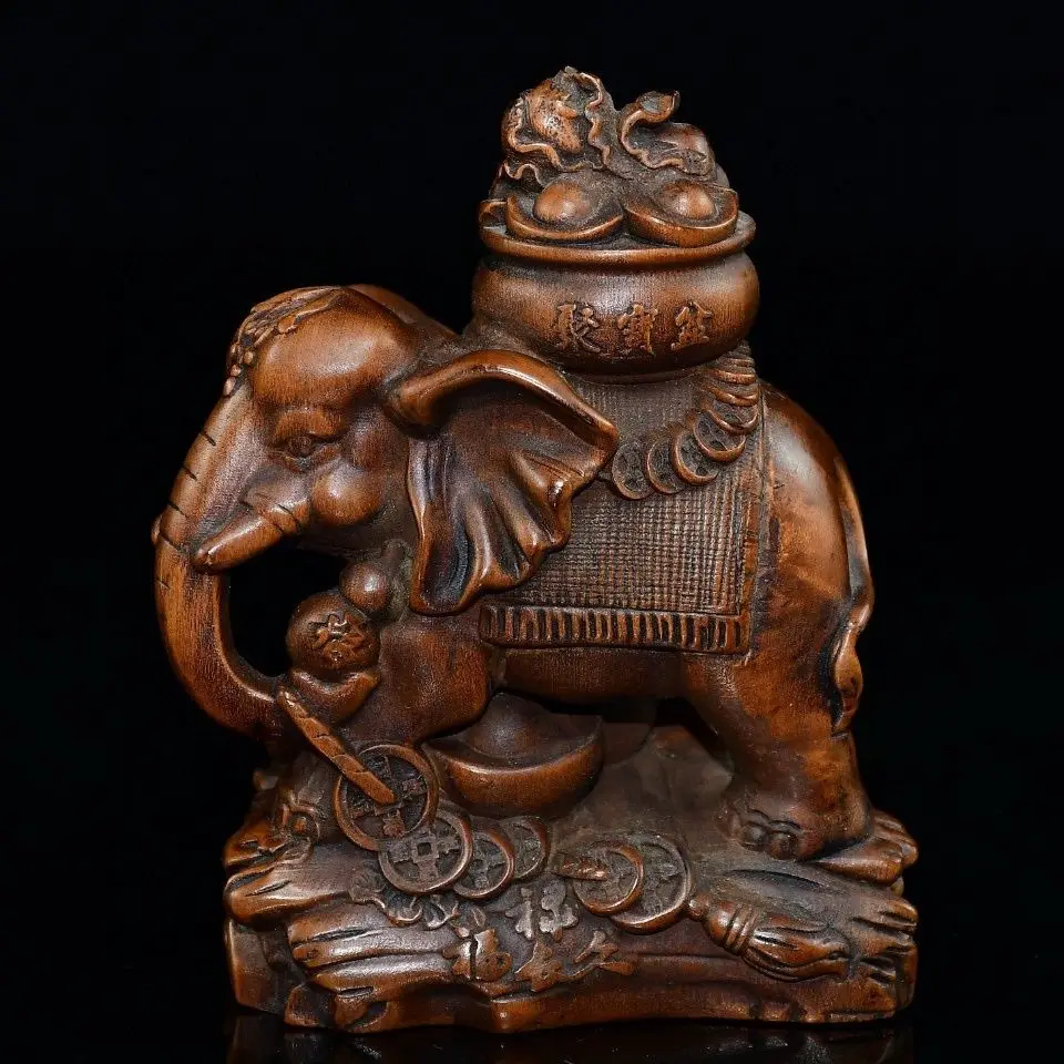 Hand Carved Wood Cornucopia elephant Statue Figurine Desktop Ornaments Home Decoration
