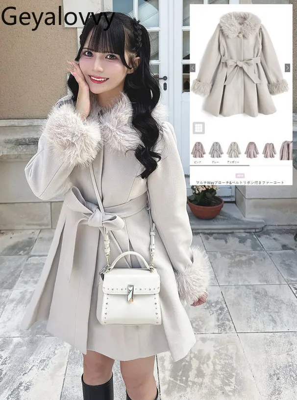 

Autumn Winter Japanese Style Brooch Belt Bow Fur Coat Detachable Fur Collar Sweet Girls Versatile Slimming Mid-Length Overcoat
