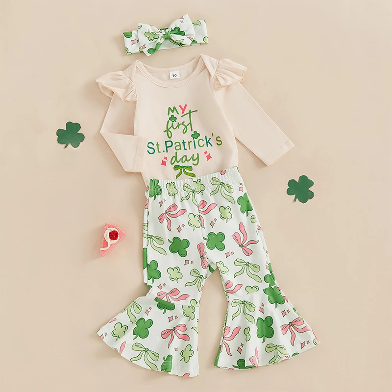 Baby Girl Irish 3Pcs Outfits Cute Letter Print Long Sleeve Romper+Shamrock Pattern Flare Pants+Headband Newborn Clothes Sets