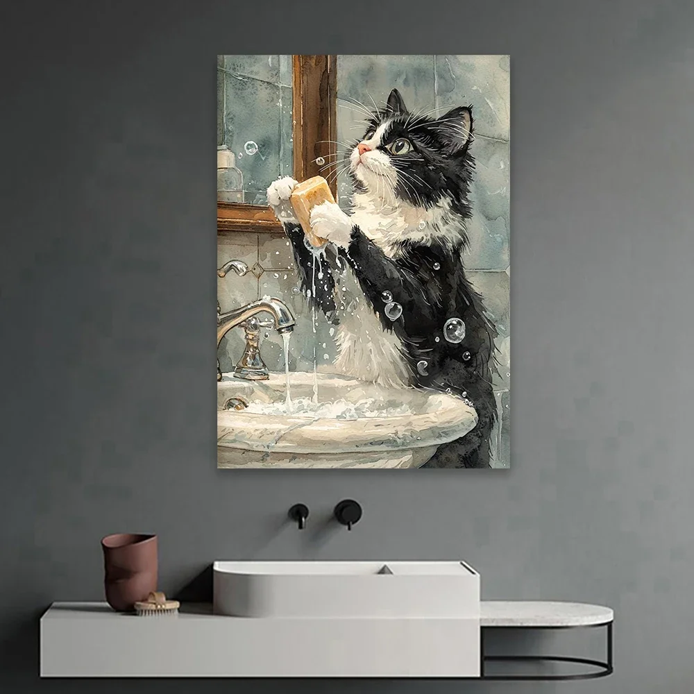 1pc frameless Canvas Painting Black Cat Washing Paws in Bathroom Poster Cute Cat Prints Bathroom Decor Black Cats in Bubble Bath