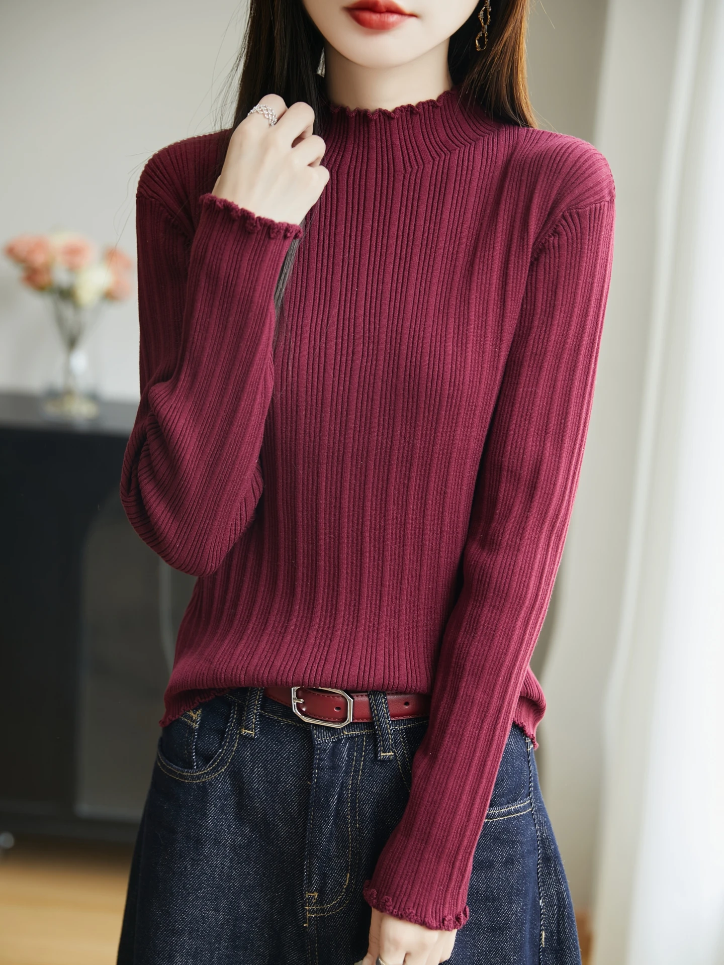 Camiseta Interior de Punto 100% Algodón Puro para Mujer, Cuello Medio Alto, Manga Larga, Suave, Cómoda, Estilo Casual, Moda para el Trabajo