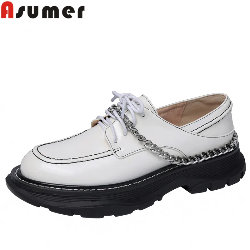 

ASUMER 2022 New Unique Loafers Med Heels Shoes Woman Patent Leather Round Toe Lace Solid Women Pumps Ladies Casual Shoes