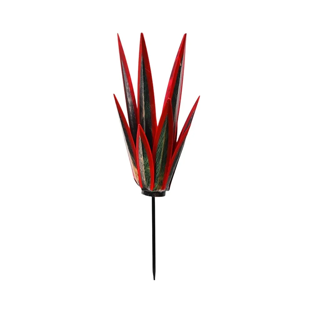 Botanical Metal Art Outdoor Plant Stake For Landscape Enhancement Layered Pointed Leaves Design Integrated Stake Installation
