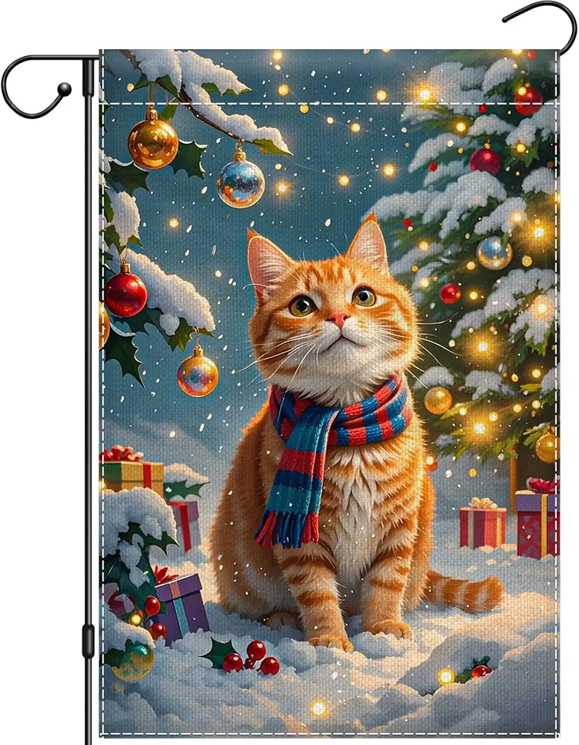 Winter Christmas Garden Flag 12x18 Double Sided, Cute Cat Garden Flags for Outside, Snow Small Burlap Yard Flag for Winter H PPM
