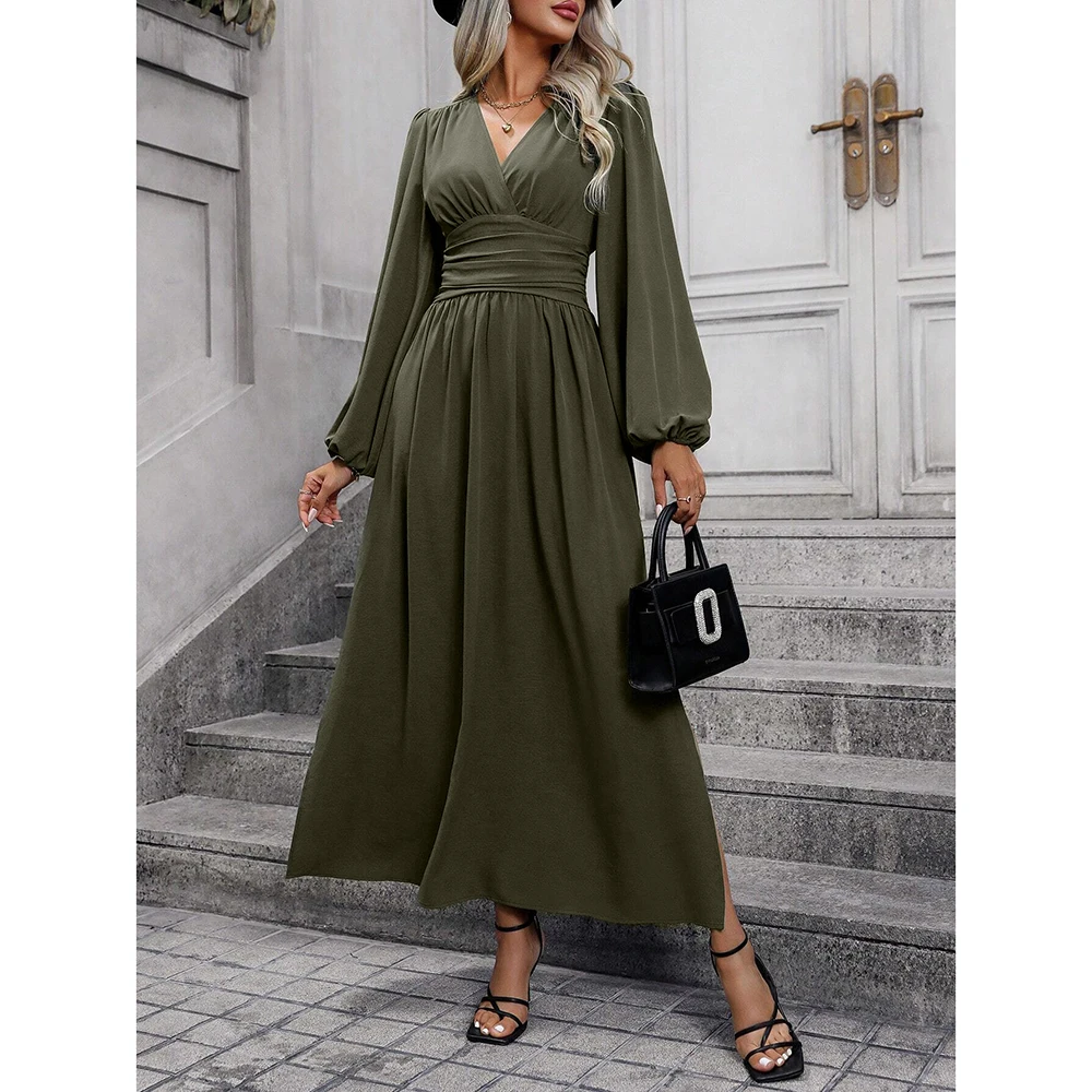 Mia Muse Women's Dresses Autumn Winter Decent Elegant Plain Fold Design Puff Sleeve V-Neck Maxi Shift Fashion Dresses