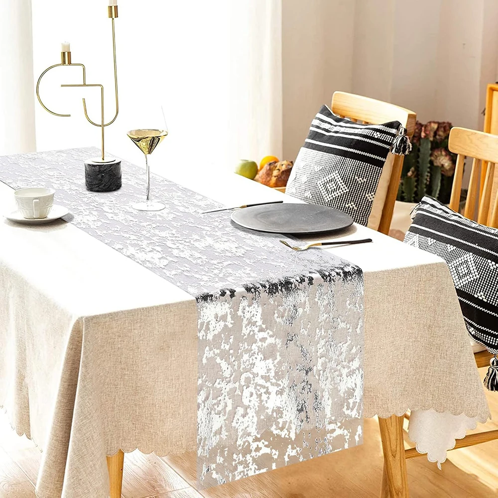 Sparkle Metallic Silver Table Runner Sequin Glitter Foil Thin Mesh Table Runner Roll Birthday Dinner Party Wedding Decorations