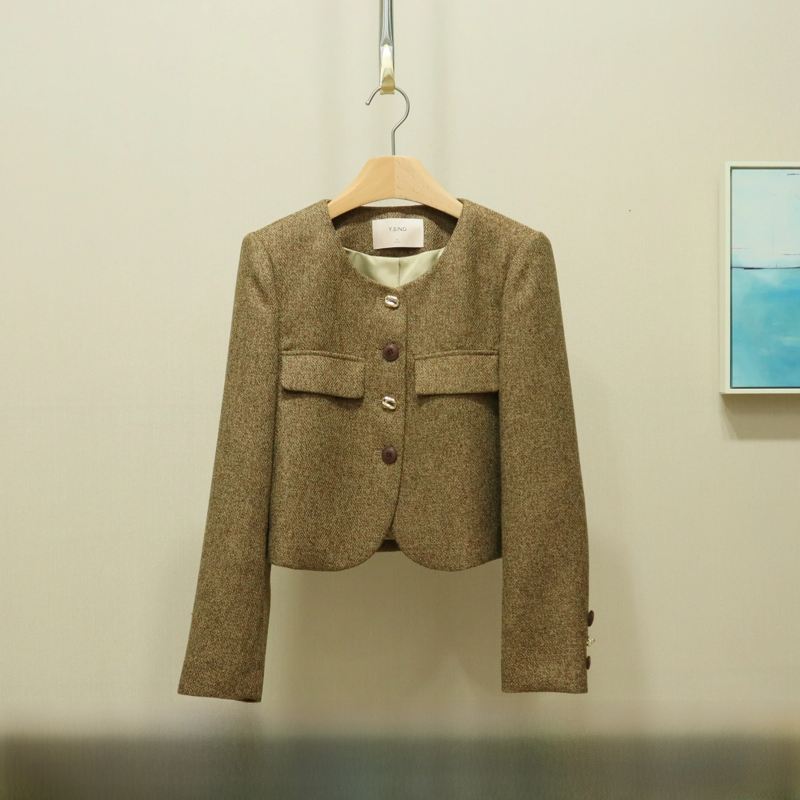 

Casual Sle ort Outerwear Spring New Arrival Versatile Ladies Jaet Straight Cut Polyester Viscose Blend Long Sve Butt...