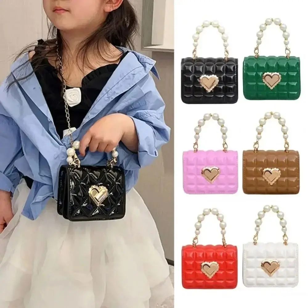 Women Handbag Faux Pearl Handle Golden Love Heart Detachable Metal Chain Mini Elegant Girl Single Shoulder Bag Purse