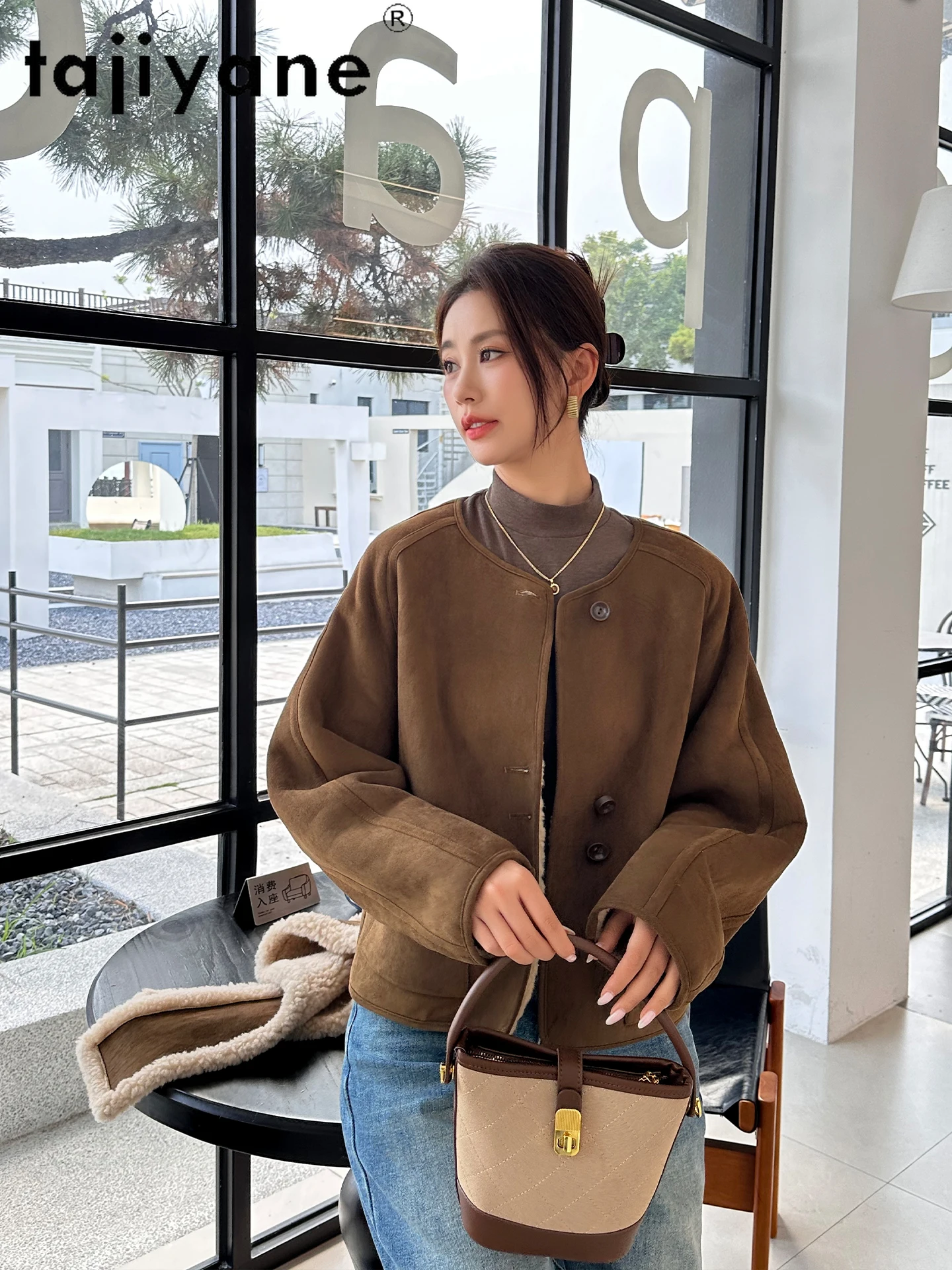 TAJIYANE 100% 리얼 울 코트와 스카프 여성용 시크 리버시블 숏 양털 외투 겨울 여성 의류 2025