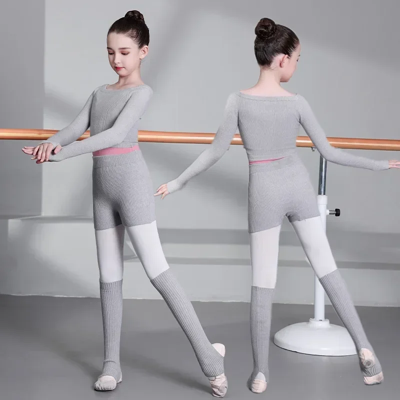 

Fashion Girl Ballet Gymnastic Leotard Off Shoulder Long Sleeve Dance Sweater Top +Shorts+ Knee Pads Kids Clothing Wrap Ballet