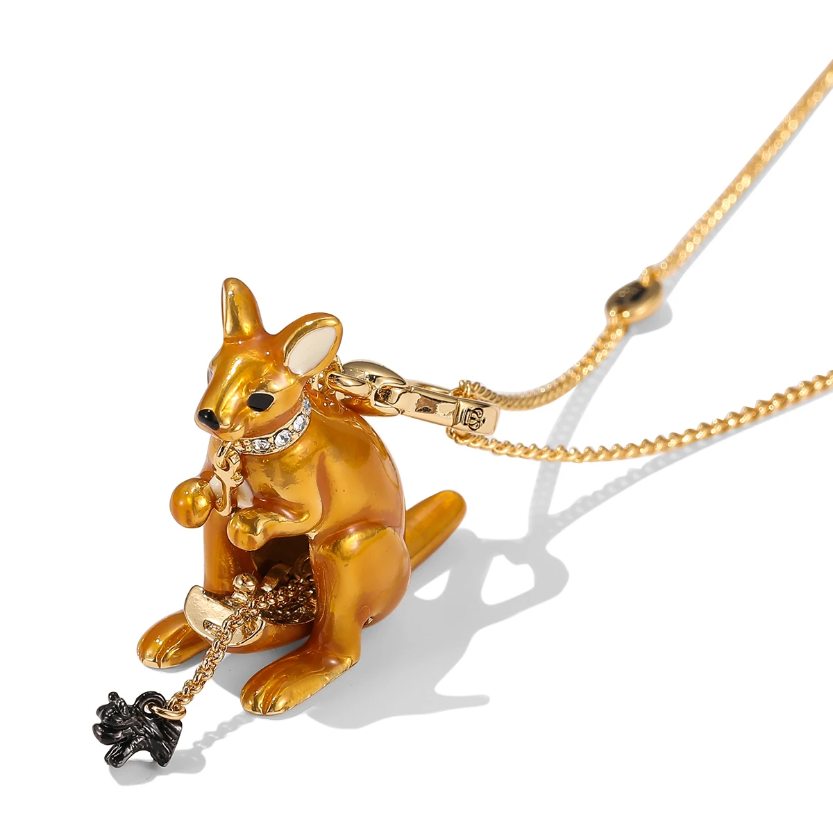 Fashion enamel glaze three-dimensional openable kangaroo pendant necklace simple and lovely black puppy animal key chain.