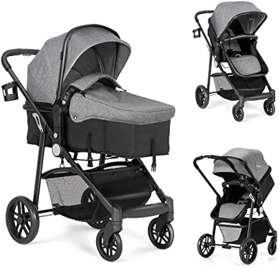 

2-in-1 Convertible Baby Stroller with Foot Cover, Cup Holder, Large Storage, Suspension Wheels, and 5-Point Harness in Gray