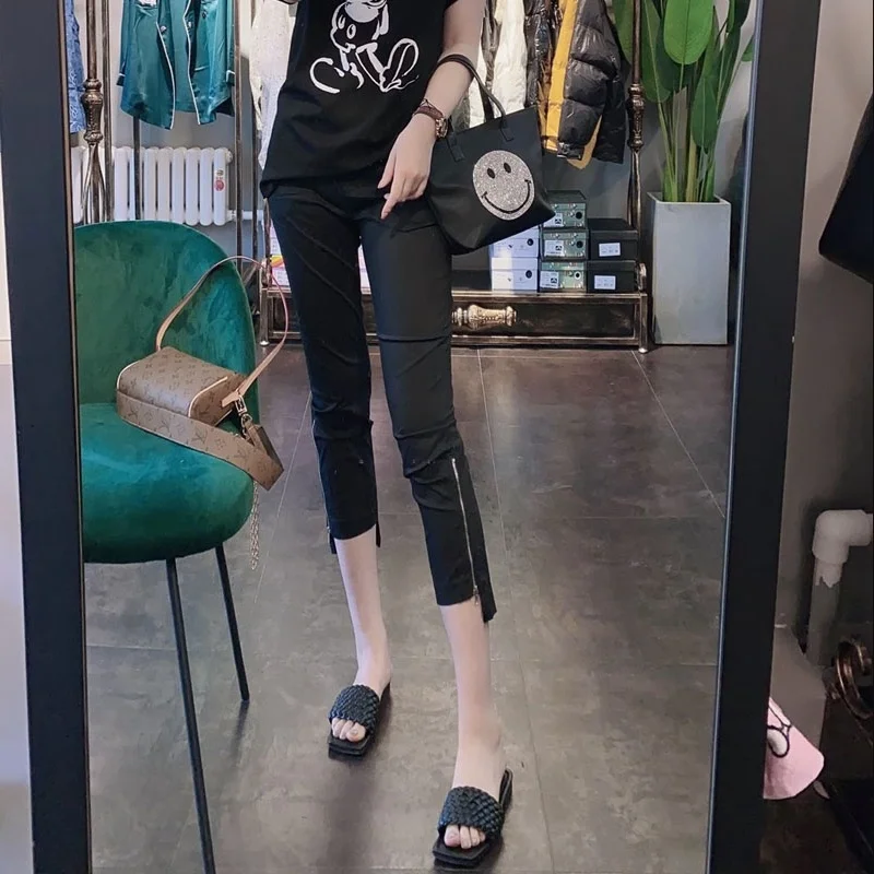 High Waist Thin Pencil Pants Women's Summer Casual Black Elastic Slim Fit Zipper Cuffed Pants Outerwear Loose Fit Trousers