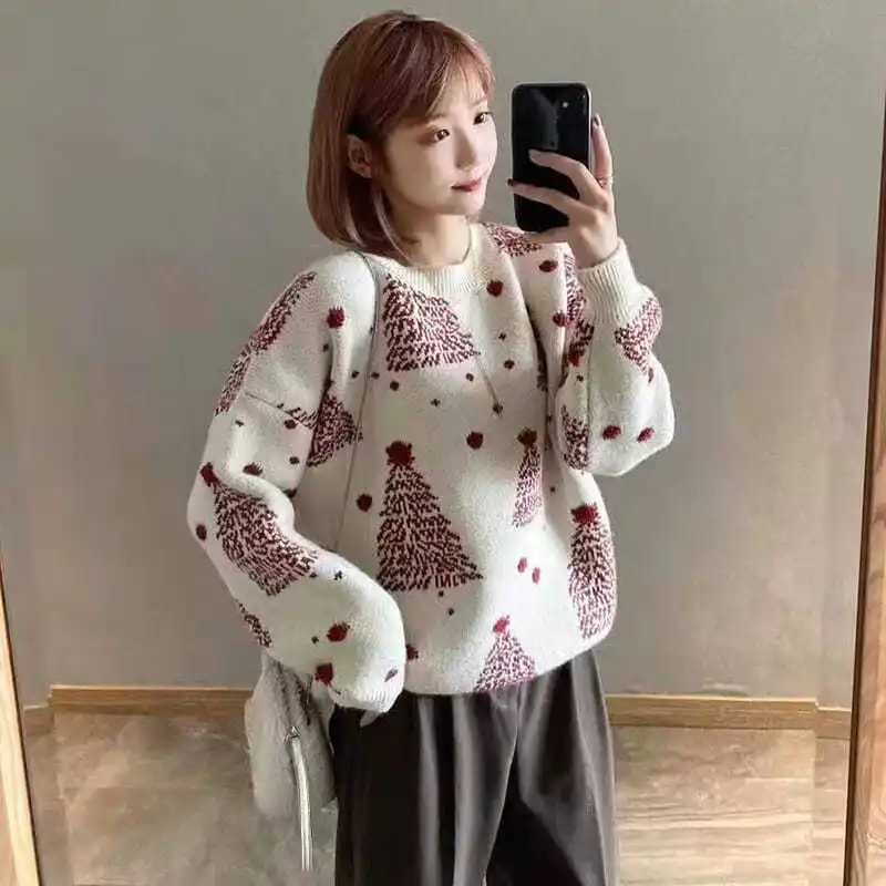 

Пуловеры женские с принтом милые вязаные с длинным рукавом с круглым вырезом для отдыха универсальные модные повседневные студенческие свитера Femme Ulzzang