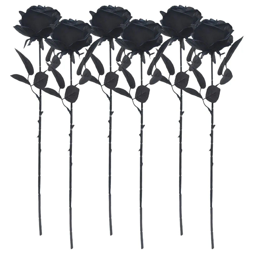 

6pcs Artificial Black Roses for Decoration Halloween Party Home Faux Flower Arrangements IndoorRose Stem Decorations