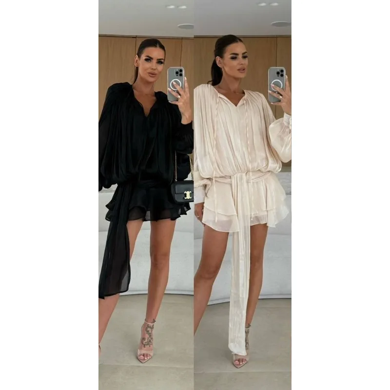 بلوزة صلبة فساتين صغيرة للنساء رقبة على شكل V وأكمام طويلة وأربطة فستان بنمط جميل ملابس نسائية عصرية #2