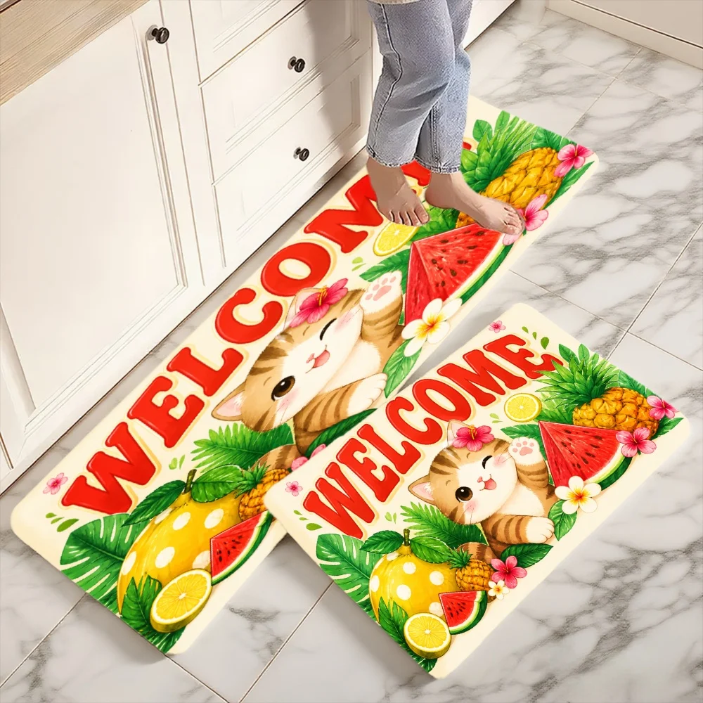 3PCS Mat Set,  Home Decoration for Front Door, Kitchen,  Welcome Cat Fruit Tropical Flowers Pattern Kitchen Rug.