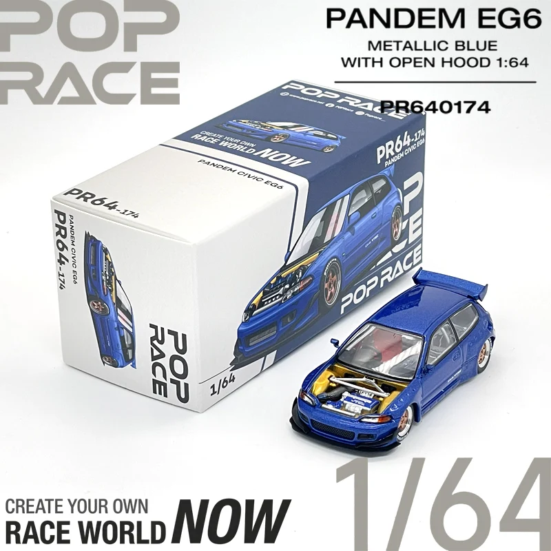 POP RACE PR640174 1:64 Honda Civic EG6 Pandem Rocket Bunny Metallic Blue Diecast Collectible Car With Open Hood In Stock
