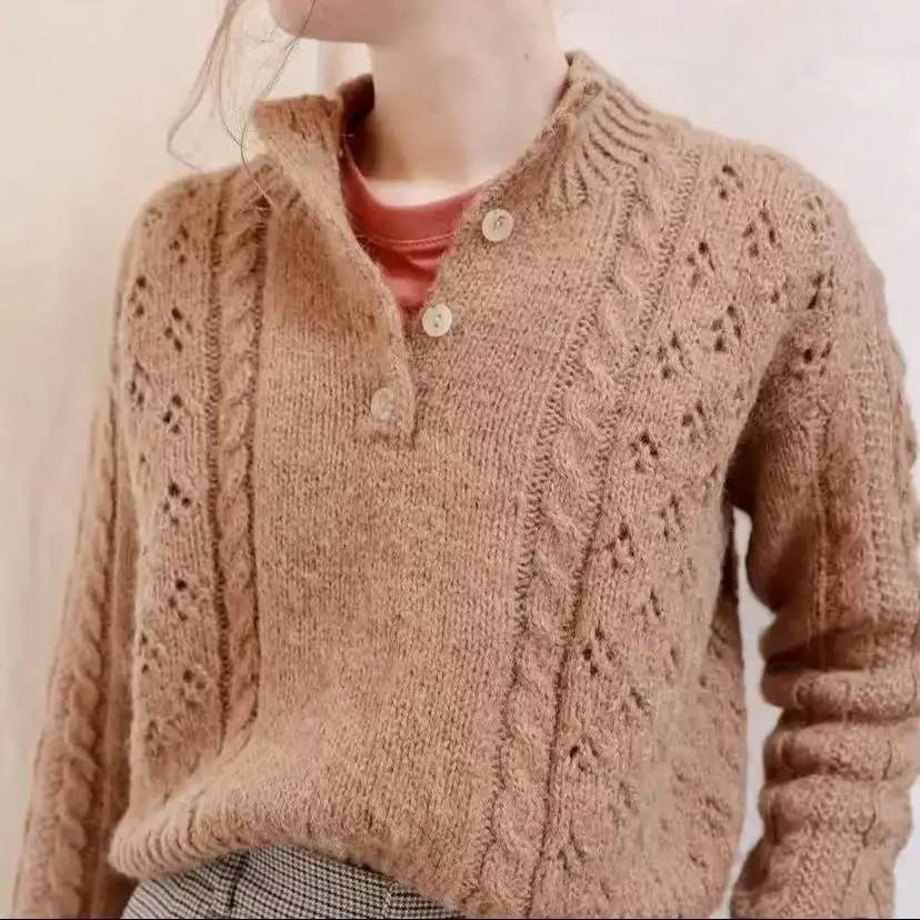 

Fried Dough Twists Sweet Half High Collar Button Pullover Handwoven British Style Woolen Sweater Spring and Autumn Women