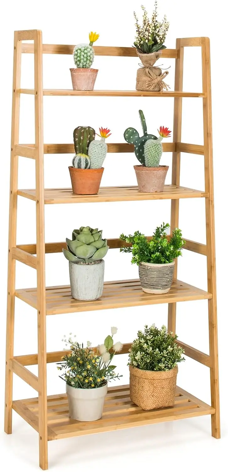 

Ladder Shelf, 4 Tier Bamboo Ladder Bookshelf, 48’’ Tall Freestanding Bookcase Storage Ra Plant Stand For Living Room, Balcony,
