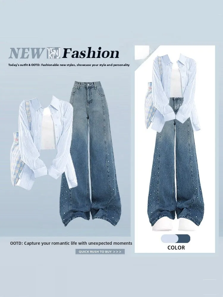

Spring Summer Korean Style Women's Anti-Uv Set Soft Blue Open Cardigan Sun Protection Shirt Vest Wide Leg Jeans Three Piece Set