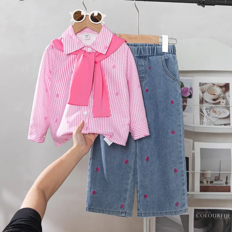

2026 New Autumn Girls' Lapel Shirt with Color-Block Shawl + Bow Embroidered Jeans 3-Piece Set