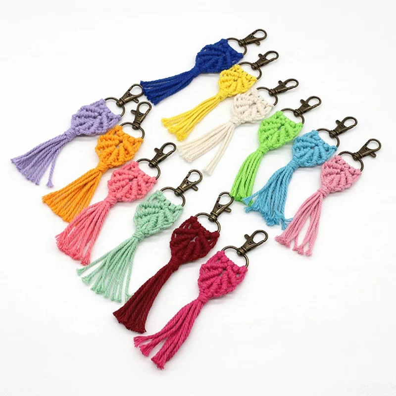 12 Stuks Mini Macrame Sleutelhangers Boho Macrame Tas Bedels Voor Auto Sleutel Portemonnee Telefoon Benodigdheden