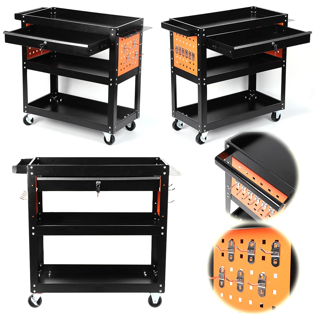 

Heavy Duty Utility Cart 3-Tier Rolling Tool Cart on Wheels with A Drawer Mechanic Tool Cart for Warehouse Garage and Repair Shop