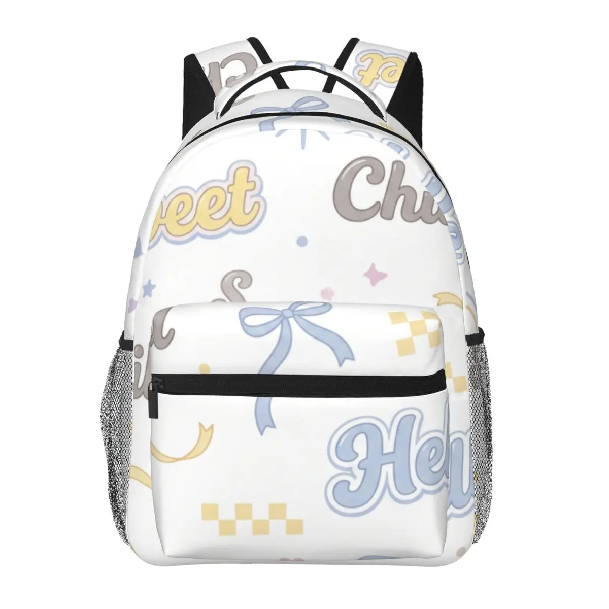 Soft Aesthetic Student Backpack Tossed Hello Sweet Words Y2K Coquette Light Ground Cute Daypack for College Class Weekend Gift