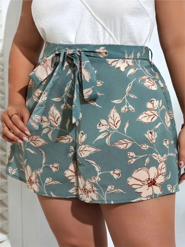 Plus Size Summer Flower Floral Print Shorts Women High Waist Fashion Casual Ladies Trousers Wide Leg Loose Woman Mini Shorts