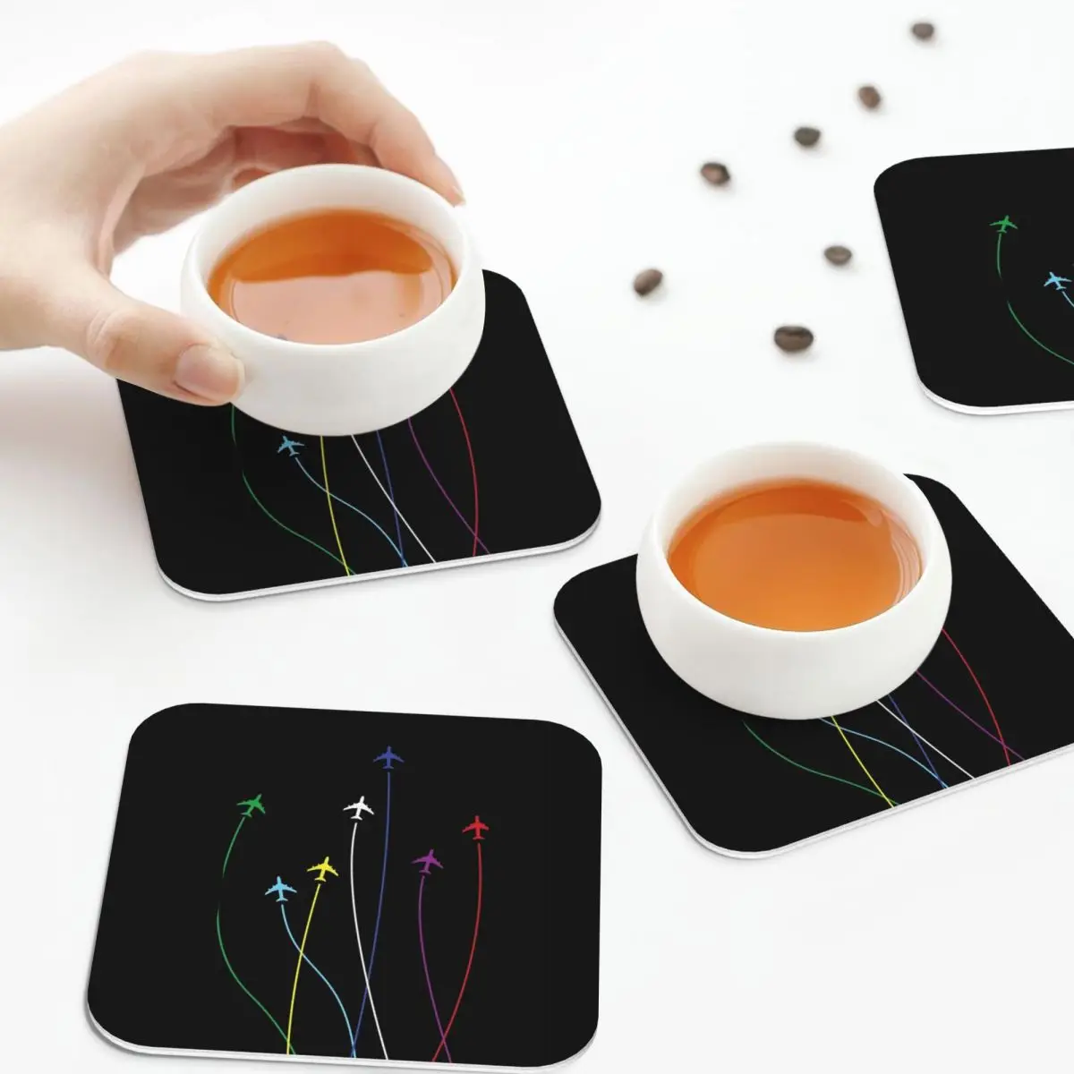 Rainbow Airplanes Flying On Eachother Coasters Kitchen Placemats  Insulation Cup Coffee Mats  Decor Home Tableware Pads Set of 4