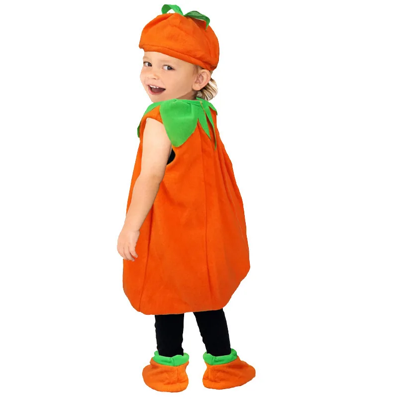 Kids Pumpkin Costume with Hat Boys Girls Halloween Cosplay Costume + Pumpkin Bag and Toy Basket Stage Performance Party Clothing