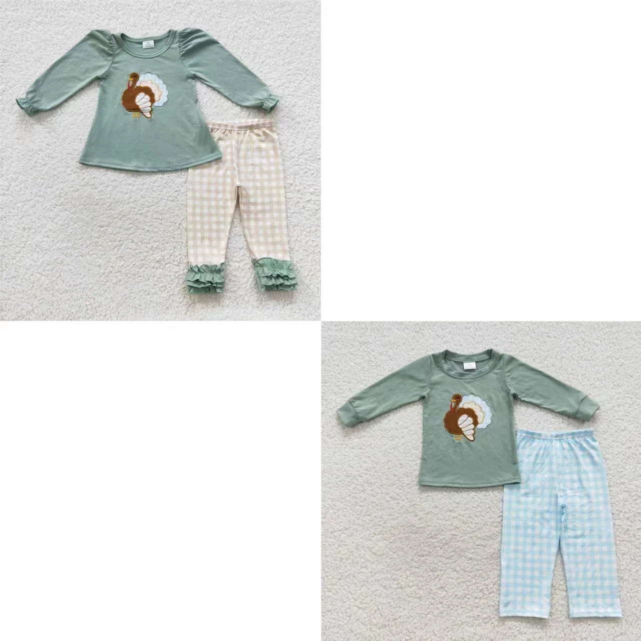 Infant Embroidery turkey Kids Set Green Cotton Shirt Pajamas Plaid Pants Matching Boy Girl Toddler Children Thanksgiving Outfit